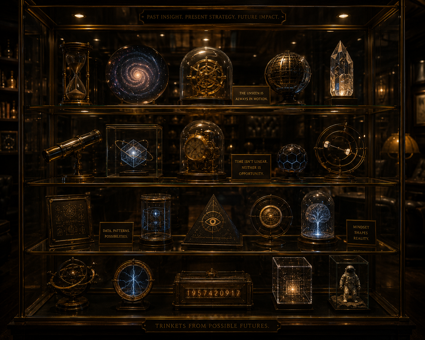 Display case of possible future objects and opportunity artifacts