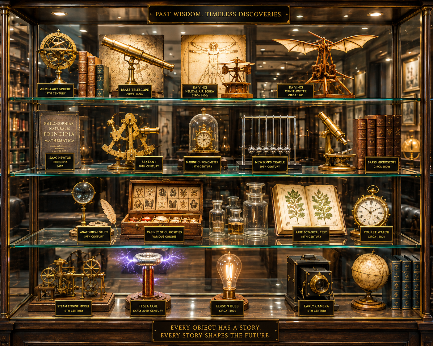 Display case of historic ideas and past wisdom